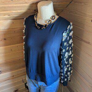 Eva Franco Navy Blue Sheer Daisy Sleeve Floral Applique Top